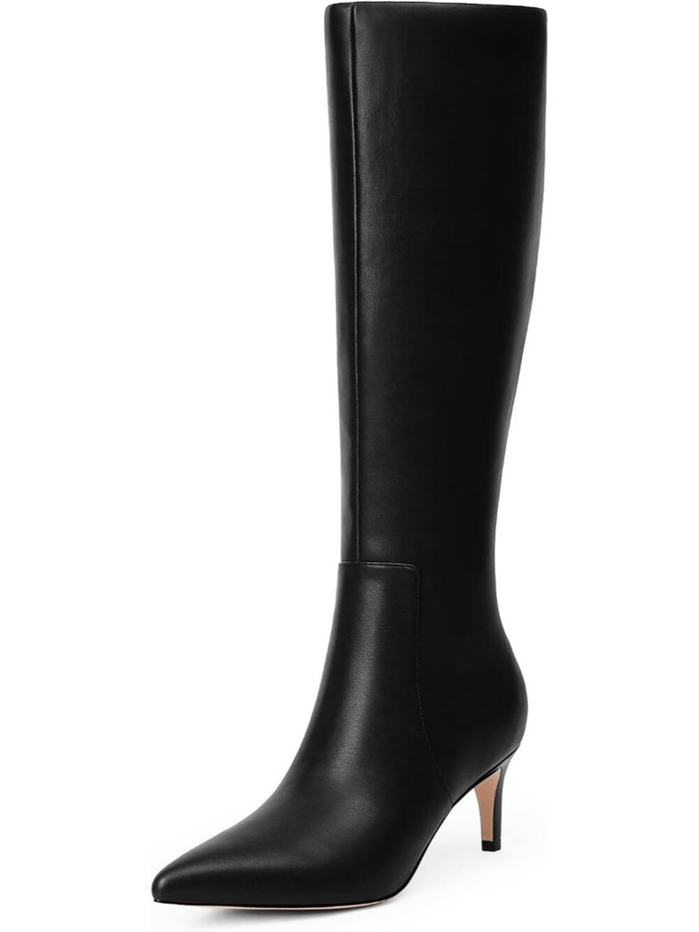Women's Black Faux Leather Stylish Pointed Toe Low Kitten Heel Knee High Boots